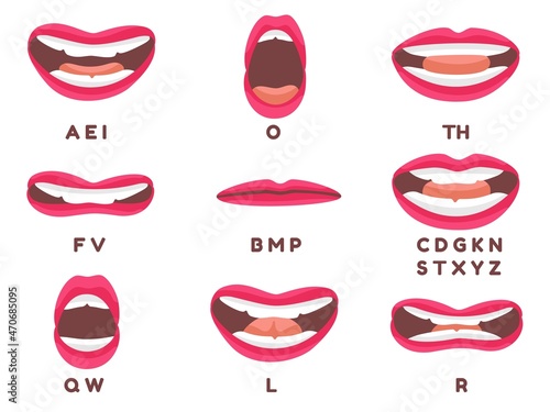 Red lips animation. Mouth talk sync, beautiful woman lip speaking english language pronunciation letter, sound speech, decent set vector illustration