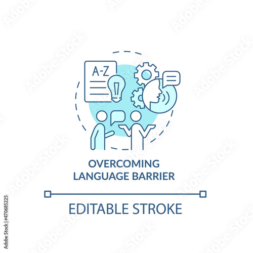 Overcoming language barrier blue concept icon. Expats struggles abstract idea thin line illustration. Learn new language. Cultural difficulties. Vector isolated outline color drawing. Editable stroke