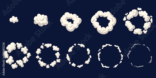 Cartoon smoke animation. Animated cloud explosion dust, sprite frame sheet exhaust gas, blast boom motion effect for game, explode bomb puff fx, comic bang, cartoon neat vector photo
