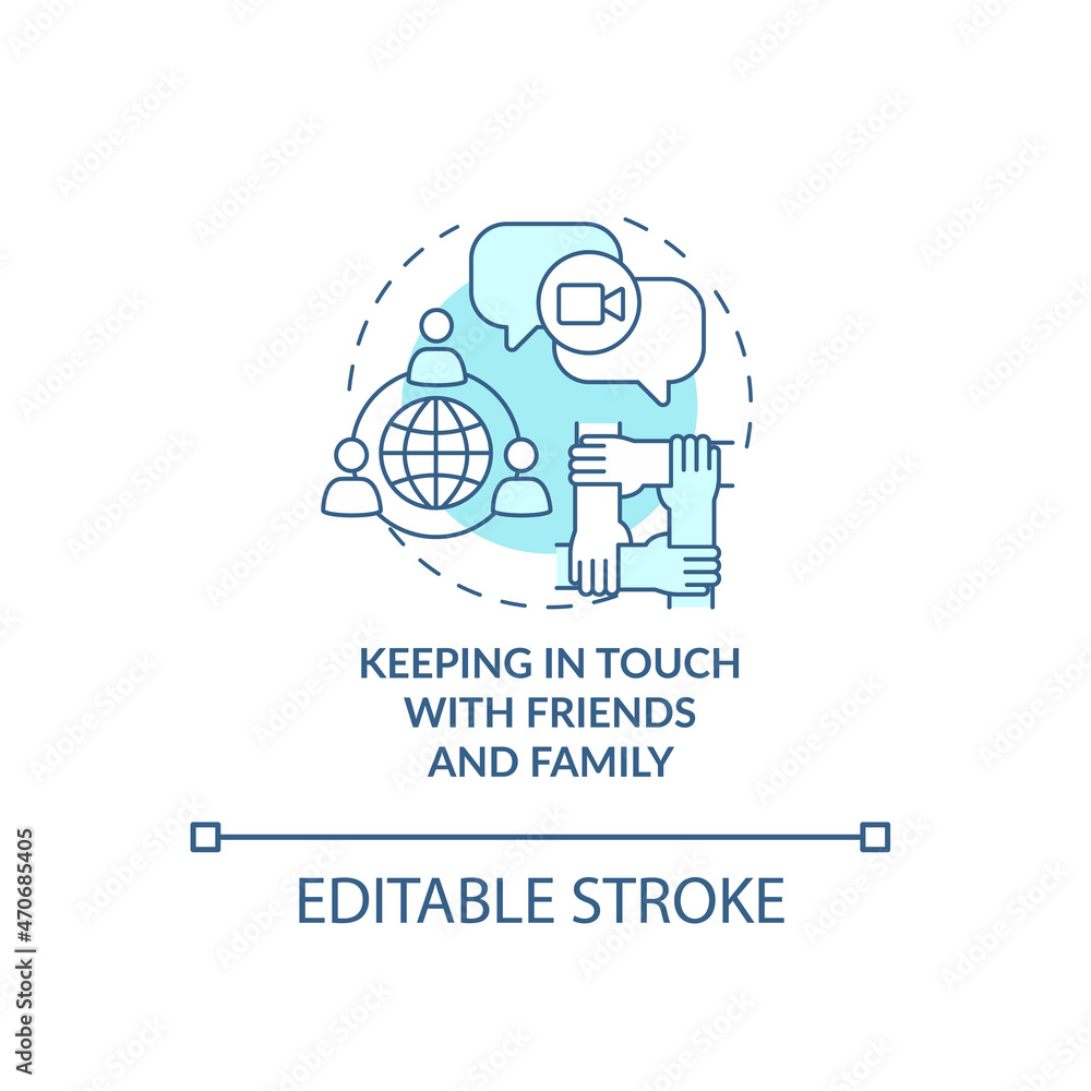 Keeping in touch with friends and family blue concept icon. Expat struggle abstract idea thin line illustration. Contacting relatives online. Vector isolated outline color drawing. Editable stroke Keeping in touch with friends and family blue concept icon. Expat struggle abstract idea thin line illustration. Contacting relatives online. Vector isolated outline color drawing. Editable stroke