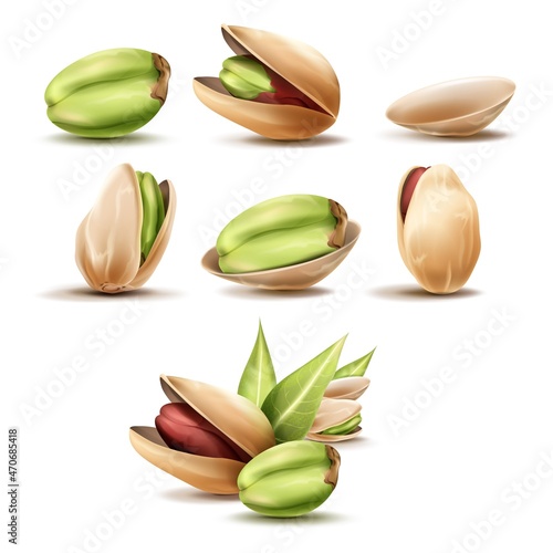 Realistic pistachios. 3D pistachio nut, ripe pistache with leaf, raw natural tasty food, kernel etc natural nuts, vegetarian cooking, tidy vector illustration