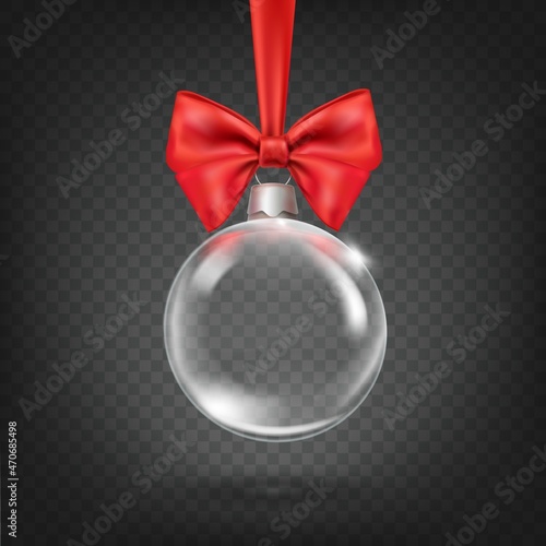 Glass globe bow. Christmas ball with red ribbon, xmas tree bauble toy, 3d transparent sphere hanging holiday clear crystal snow bubble