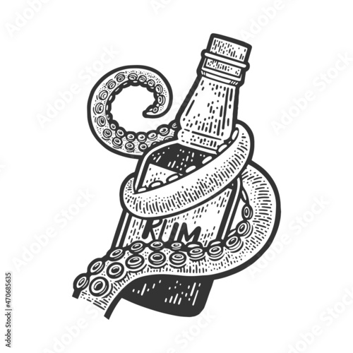 octopus tentacle with a bottle of rum sketch engraving vector illustration. T-shirt apparel print design. Scratch board imitation. Black and white hand drawn image.