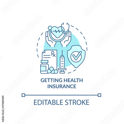 Getting health insurance blue concept icon. Things to consider when moving abstract idea thin line illustration. Medical protection. Medicare. Vector isolated outline color drawing. Editable stroke