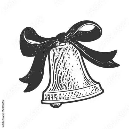Christmas bell sketch engraving vector illustration. T-shirt apparel print design. Scratch board imitation. Black and white hand drawn image.