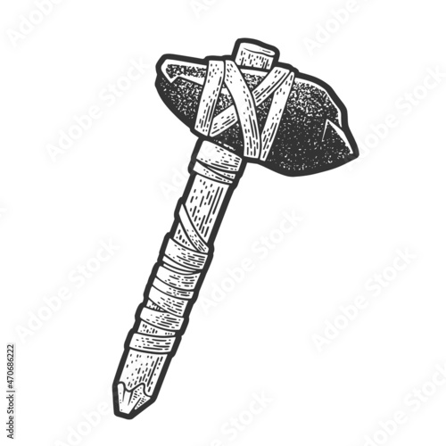 stone ax sketch engraving vector illustration. T-shirt apparel print design. Scratch board imitation. Black and white hand drawn image.