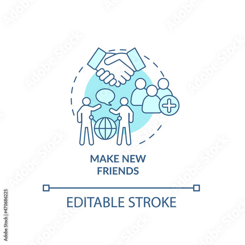 Make new friends blue concept icon. Adjust to living abroad abstract idea thin line illustration. Meet new people. Be sociable and club together. Vector isolated outline color drawing. Editable stroke