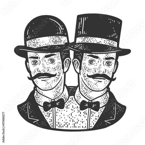 Siamese conjoined twins businessmen sketch engraving vector illustration. T-shirt apparel print design. Scratch board imitation. Black and white hand drawn image.