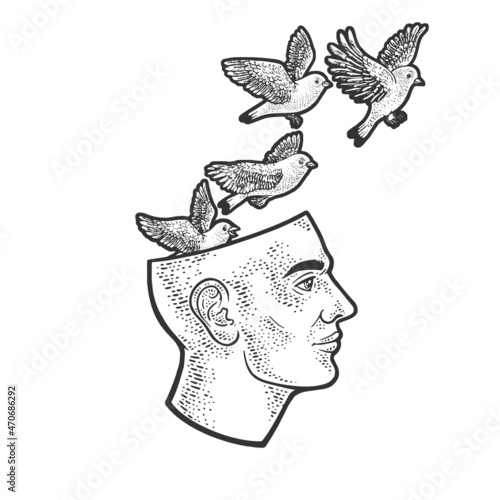 Birds ideas fly from head abstract line art sketch engraving vector illustration. T-shirt apparel print design. Scratch board imitation. Black and white hand drawn image.