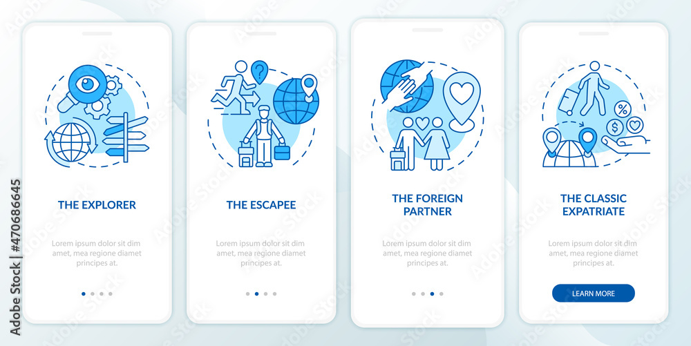 Expats types blue onboarding mobile app page screen. Moving abroad reasons walkthrough 4 steps graphic instructions with concepts. UI, UX, GUI vector template with linear color illustrations