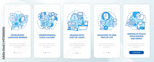Expats struggles blue onboarding mobile app page screen. Overcoming difficulties walkthrough 5 steps graphic instructions with concepts. UI, UX, GUI vector template with linear color illustrations