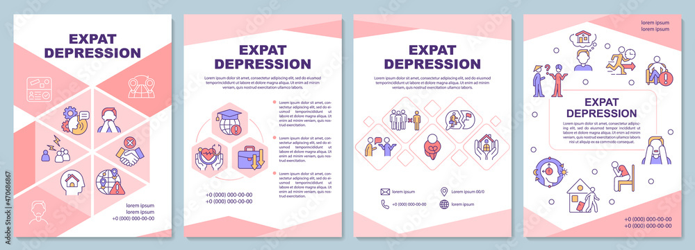 Expat depression brochure template. Feel anxious when relocating. Flyer, booklet, leaflet print, cover design with linear icons. Vector layouts for presentation, annual reports, advertisement pages