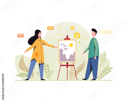 NTF. Non-fungible token. Technology of selling NFT tokens for cryptocurrency. Crypto art. Vector illustration.