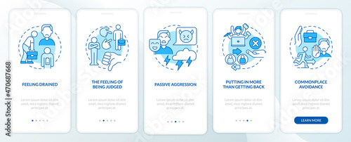 Abusive work environment onboarding mobile app page screen. Coworker toxicity walkthrough 5 steps graphic instructions with concepts. UI, UX, GUI vector template with linear color illustrations