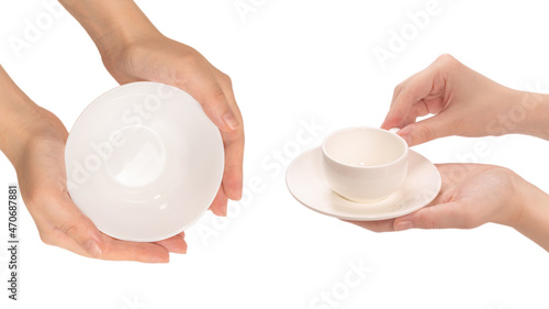 Empty coffee cup in woman hand isolated on white.