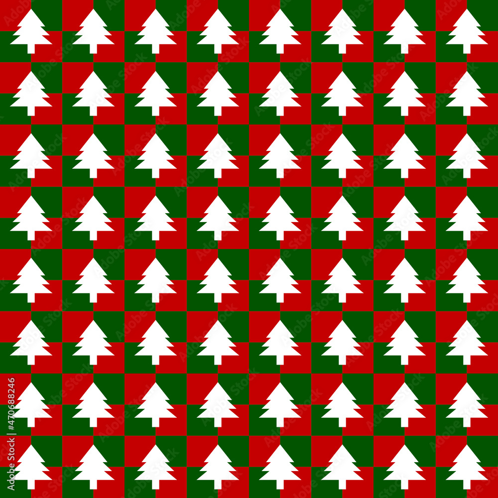 Minimal seamless pattern in red and green colors with a white tree designed for background, tile, clothes, carpet, wallpaper, and wrapping paper for Christmas and New Year. Vector illustration. Minimal seamless pattern in red and green colors with a white tree designed for background, tile, clothes, carpet, wallpaper, and wrapping paper for Christmas and New Year. Vector illustration.