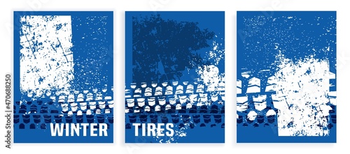 Winter tires poster set. Editable vector collection
