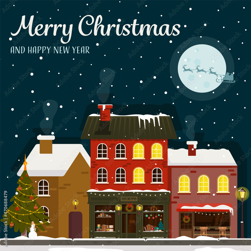 Greeting Christmas card with old town and Santa. Gift shop, cafe, snowman and tree. Flat vector illustration. Greeting Christmas card with old town and Santa. Gift shop, cafe, snowman and tree. Flat vector illustration.