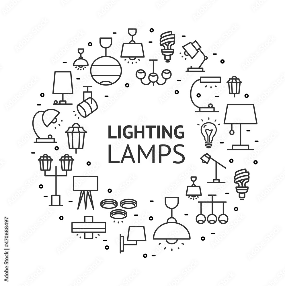 Fototapeta premium Lamp Lighting Round Design Template Thin Line Icon Banner. Vector