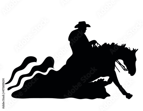 Black and white vector flat illustration: Sliding stop, reining western horse and rider silhouette photo