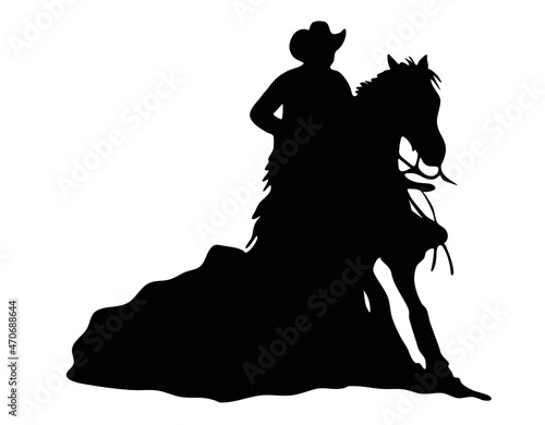 Black and white vector flat illustration: Sliding stop, reining western horse and rider silhouette