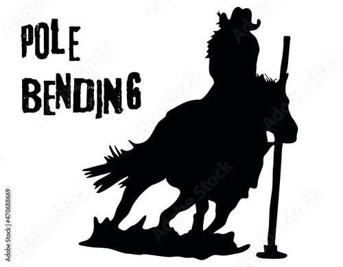 Black and white vector flat illustration: Pole bending western horse and rider silhouette