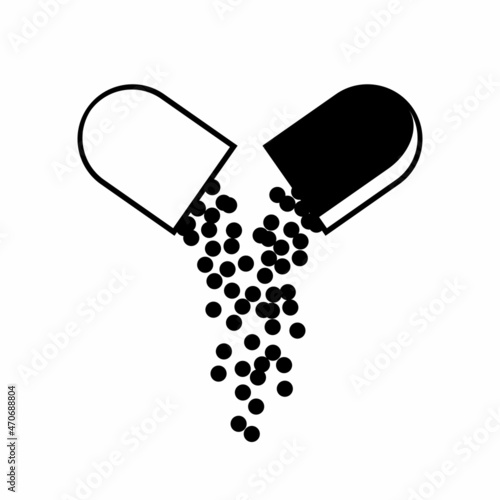 Open medical capsule icon with falling small balls of drug medical. Pharmacy and drugs symbols. Icons of pill. Medical vector illustration isolated on a white background