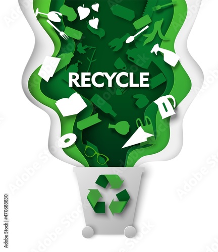 Trash can, waste bin with plastic garbage and green recycle sign, vector paper cut illustration. Reuse, recycling.