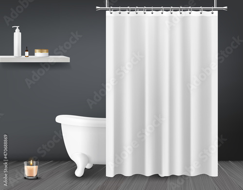 Realistic bathroom interior, bath with curtain, shelf with cosmetics.
