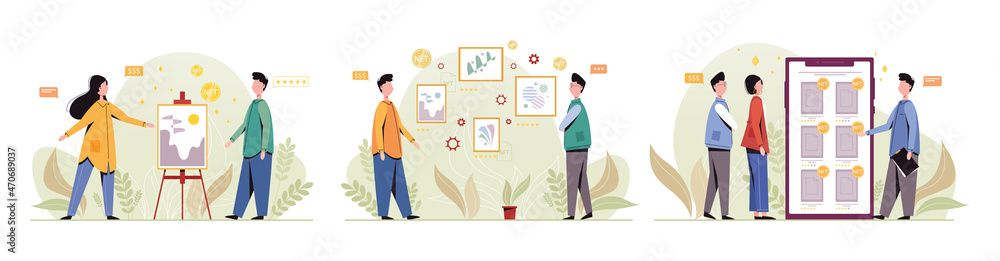 NTF. Non-fungible token. Technology of selling NFT tokens for cryptocurrency. Crypto art. Vector illustration. NTF. Non-fungible token. Technology of selling NFT tokens for cryptocurrency. Crypto art. Vector illustration.