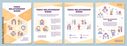 Toxic relationship signs brochure template. Define domestic abuse. Flyer, booklet, leaflet print, cover design with linear icons. Vector layouts for presentation, annual reports, advertisement pages