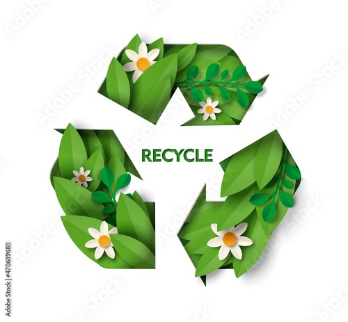 Recycle sign with leaves and flowers, vector paper cut illustration. Eco friendly waste reuse and recycling symbol.