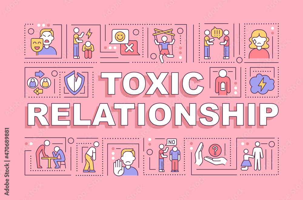 Toxic relationship word concepts banner. Controlling partner behavior. Infographics with linear icons on pink background. Isolated creative typography. Vector outline color illustration with text Toxic relationship word concepts banner. Controlling partner behavior. Infographics with linear icons on pink background. Isolated creative typography. Vector outline color illustration with text