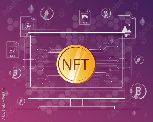 NTF. Non-fungible token. Technology of selling NFT tokens for cryptocurrency. Crypto art. Vector illustration.