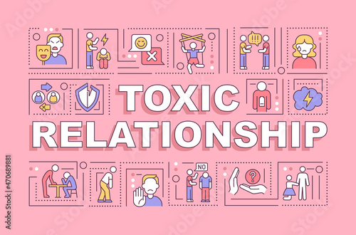 Toxic relationship word concepts banner. Controlling partner behavior. Infographics with linear icons on pink background. Isolated creative typography. Vector outline color illustration with text