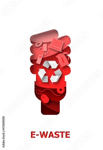 Recycle electric lamp with electronic waste, recyclable material sign, vector paper cut illustration. Reuse, recycling.