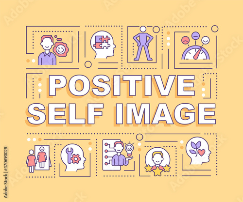 Positive self image word concepts banner. Optimistic personal view. Infographics with linear icons on yellow background. Isolated creative typography. Vector outline color illustration with text