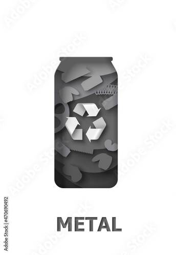 Recycle aluminum can with metal garbage and recyclable material sign, vector paper cut illustration. Reuse, recycling.