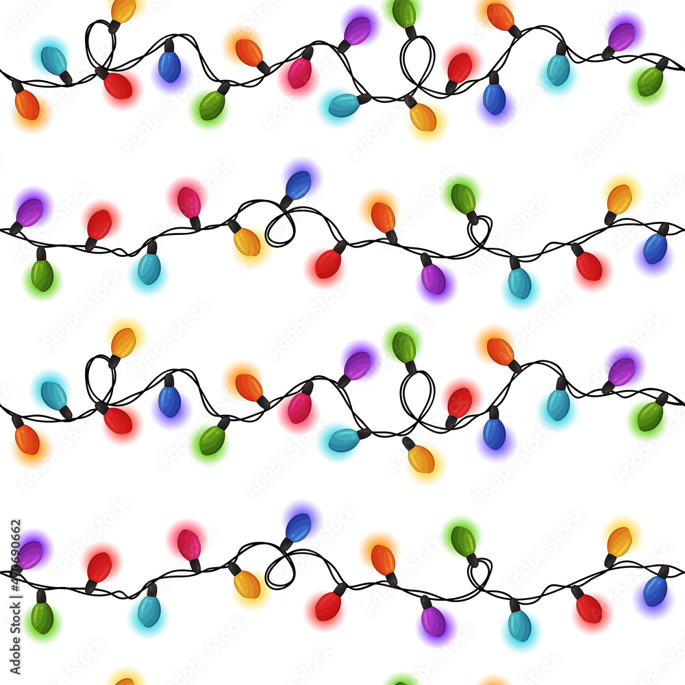 Christmas lights background. Glowing lights pattern. Colorful christmas  garlands print. Red, yellow, green, plum, blue Christmas lights. Happy new  year decor string lights. Cartoon lights backdrop. Stock Vector | Adobe  Stock