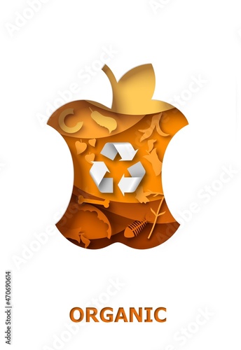 Vector paper cut bitten apple with organic food waste and recycle symbol. Composting, reuse of biodegradable waste.