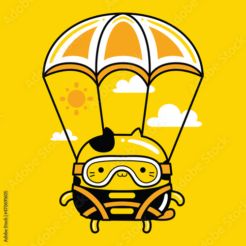 cute cat mascot character parachute landing in flat cartoon style