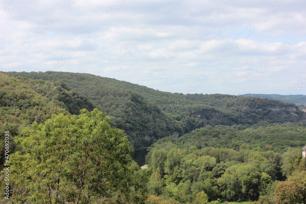 Beautiful panoramic view over the treetops of the forests in the Dordogne, France.