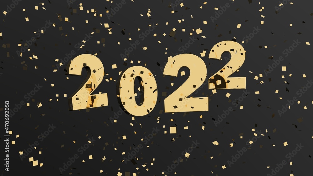 golden happy new year 2022 numbers floating free surrounded by golden confetti and tinsel on black - 3D illustration