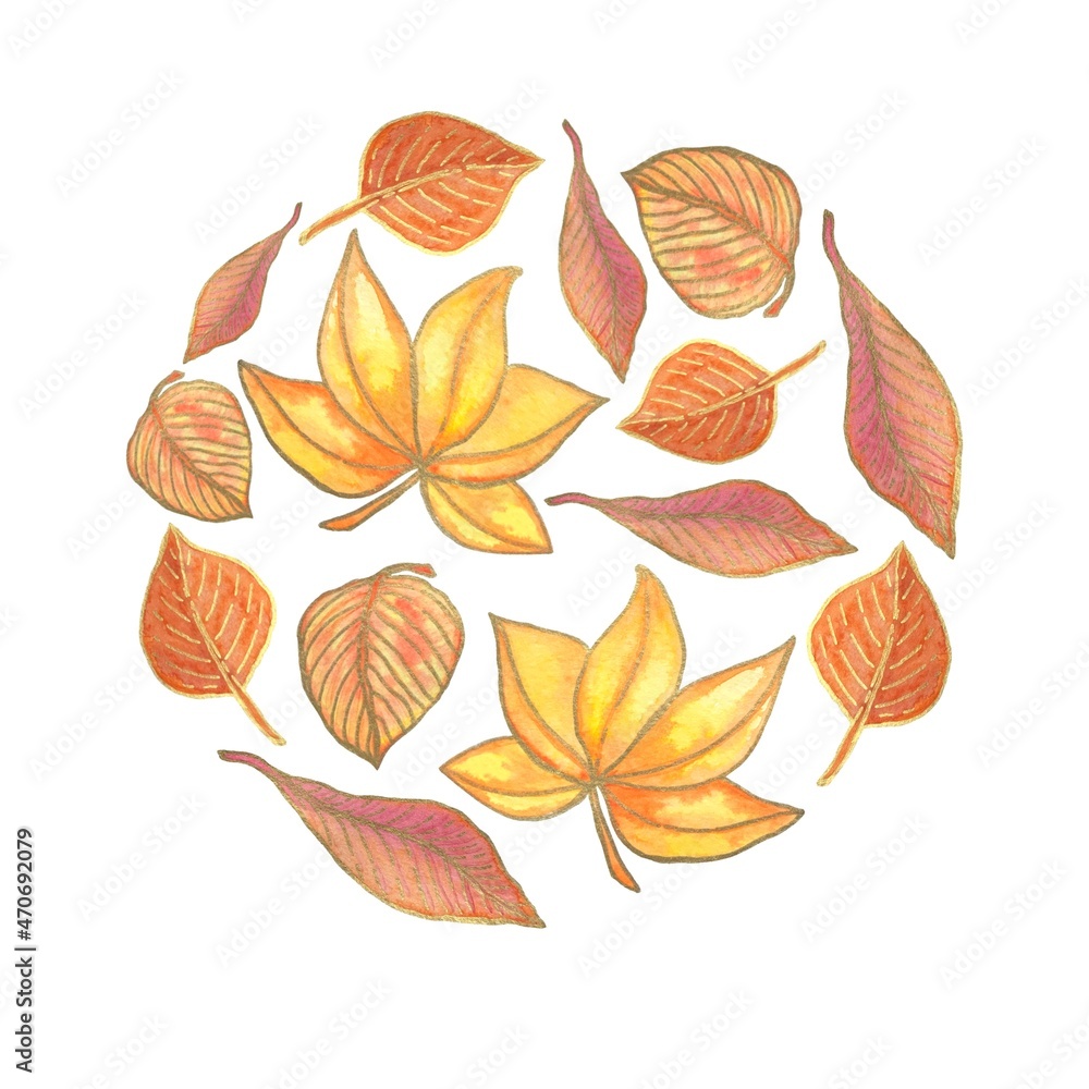 Obraz premium Decorative round element of watercolor illustrations, orange leaves