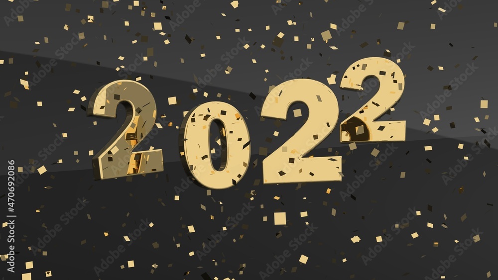 happy new year 2022 shiny golden numbers floating free surrounded by golden confetti and tinsel on black structure - 3D illustration happy new year 2022 shiny golden numbers floating free surrounded by golden confetti and tinsel on black structure - 3D illustration