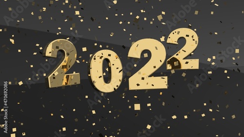 happy new year 2022 shiny golden numbers floating free surrounded by golden confetti and tinsel on black structure - 3D illustration