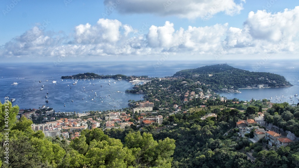 Cote d'Azur, France, September 2021, top view of the bay of the seaside, the sea with yachts and the city