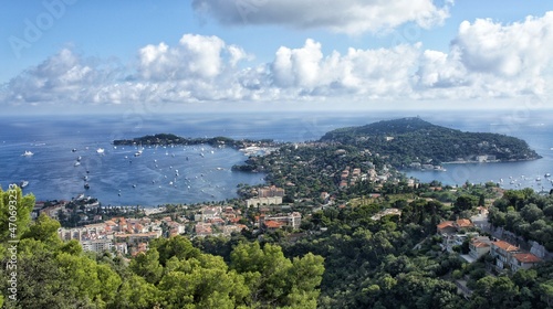 Cote d'Azur, France, September 2021, top view of the bay of the seaside, the sea with yachts and the city