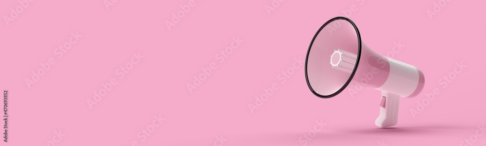 Pink and white megaphone or bullhorn over pink background, business announcement or communication concept - obrazy, fototapety, plakaty 