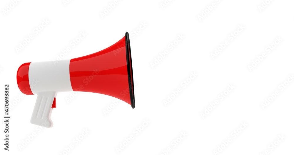 Red and white megaphone or bullhorn flat lay over white background, business announcement or communication concept, top view from above Red and white megaphone or bullhorn flat lay over white background, business announcement or communication concept, top view from above